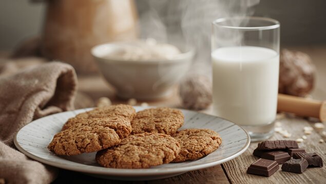 Close-up of oatmeal cookies served with milk and oatmeal in the kitchen - Powered by Adobe