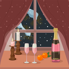 New Year's card with champagne and tangerines against a window background. Vector illustration.