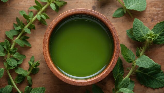 DIY syrup made from Plectranthus amboinicus to relieve cold symptoms, viewed from above