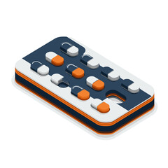 This clean isometric illustration depicts a modern blister pack containing orange and white capsules, representing essential medical treatment and pharmaceutical care.