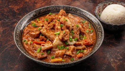 Fototapeta premium Traditional Filipino Kare Kare featuring pork and vegetables in a creamy peanut sauce