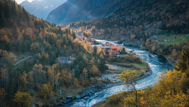 Rivers and cascades amid lush mountains and forests in summer