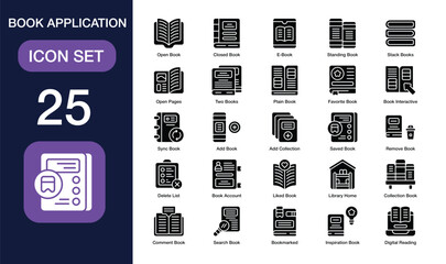 Book Application set of icon in solid style. Book Application user interface icon collection. Containing standing book, stack books, favorite book, collection book and more. Editable Stroke