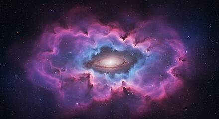 A captivating nebula scene showcasing swirling cosmic clouds surrounding a bright galaxy center