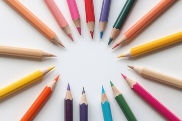 Assorted colored pencils set against a plain white backdrop for educational and artistic use