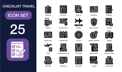 Checklist Travel set of icon in solid style. Checklist Travel user interface icon collection. Containing clipboard, document, page list, checkmark, notebook, suitcase and more. Editable Stroke