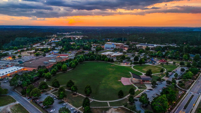 Aerial sunset landscape from Evans Town Center Park summer sunset in CSRA Augusta Georgia