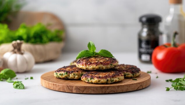 Vegetarian eggplant patties preparation with healthy eating idea. Empty area for writing.
