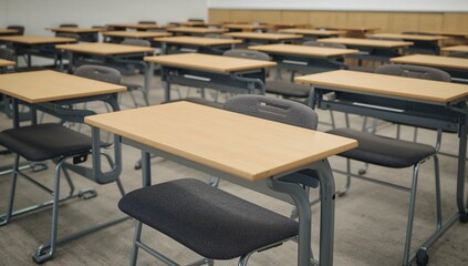 Empty student seat in a lecture hall - educational theme showing a vacant desk in a training room where no student is present