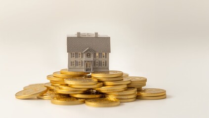 Residential Design with Piles of Gold Coins and Soft-Focused Backdrop. Financial Strategies for Homeownership, Banking, and Savings.