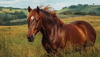 Fototapeta premium Close-up of a chestnut horse in the countryside