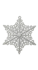 Intricate, six-pointed, white snowflake on a solid black background