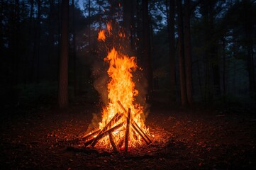 A mesmerizing campfire amidst tranquil woods, radiating a cozy ambiance ideal for sharing moments with friends and relishing the soothing crackle.