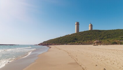 Wide-angle perspective of Guarita Beach featuring the South Tower and Middle Tower within Guarita Park