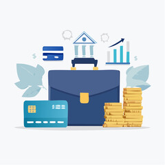 Flat lay illustration of a blue briefcase with gold clasp surrounded by financial symbols and objects on a white background.