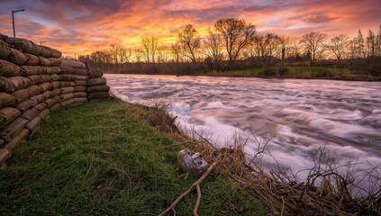 Flood defense with sandbags struggling against a powerful river amid grass and dry branches at dusk