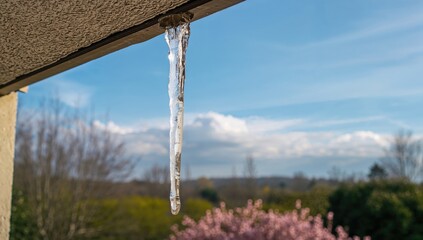 Close-up of a massive icicle dangling from a rooftop
