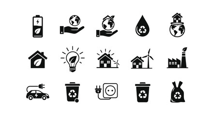 Obraz premium Vector illustration of assortment of black and white icons representing sustainability, renewable energy, and environmental care