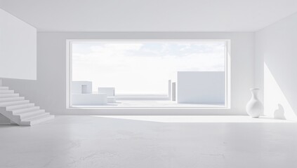 Fototapeta premium Futuristic white interior featuring minimalistic abstract architectural elements and a window