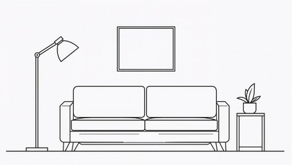 Minimalist living space with sofa, floor lamp, artwork, and potted plant in line art style