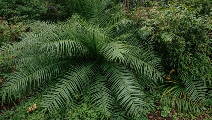 Tropical shrub featuring abundant green fronds and trailing leaves, commonly called fishtail fern or forked sword fern, ideal for shade garden landscaping