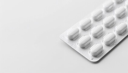 Close-up of white tablets in a blister pack on illuminated surface with empty space for text, technology and health concept
