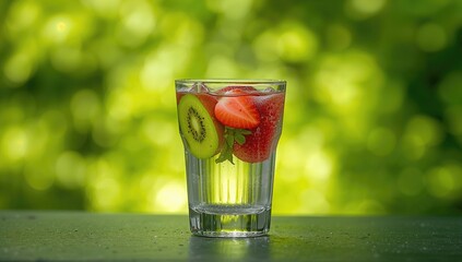 Glass filled with water and vibrant slices of kiwi and strawberry, isolated on a light background highlighting freshness and health