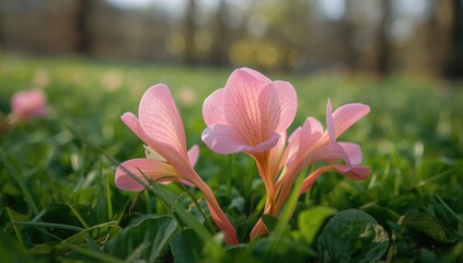 Fototapeta premium Detailed view of vibrant pink begonia semperflorens blooms in a meadow with soft background