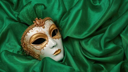 Performing arts. Carnival mask with intricate designs on green cloth