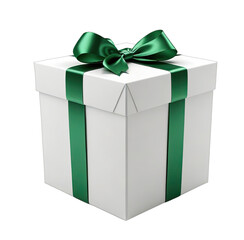 White gift box with green satin ribbon bow