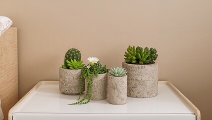 Cacti and succulents displayed in concrete planters on a white nightstand