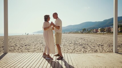 Happy senior couple lovingly dancing on a wooden walkway at the beach. Cheerful elderly partners enjoying their retirement together, spending a sunny summer day by the seaside with a smile