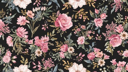 Seamless botanical watercolor floral designs on a dark backdrop, ideal for fashion and interior decoration.
