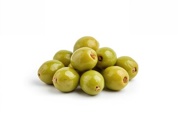 Fresh green olives on a plain white backdrop, showcasing texture and color in a healthy food setting
