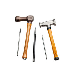 Two hammers with wooden handles, paired with four metal punches