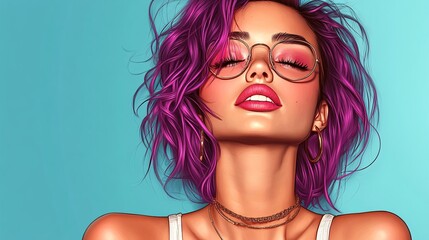 vibrant portrait of a young woman with purple hair, sunglasses, and bold makeup