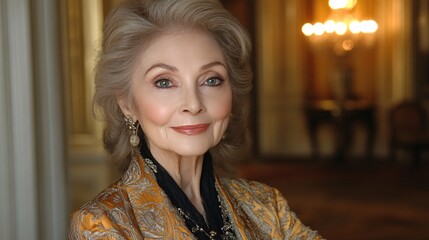 elegant senior woman with timeless grace in luxurious hotel lobby