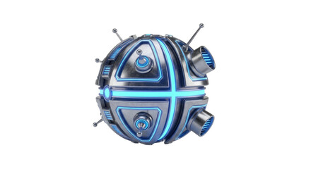 Futuristic metallic sphere with blue glowing lights and antennas