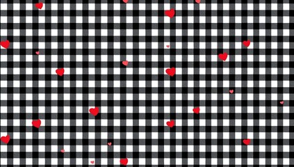 Black, red, and white heart-themed gingham design. Continuous tartan plaid texture ideal for clothing, table settings, gift wrap, and contemporary Valentine's Day celebrations.