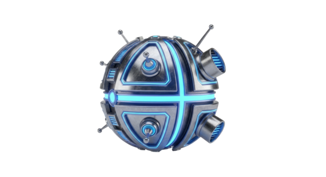 Futuristic metallic sphere with blue glowing lights and antennas