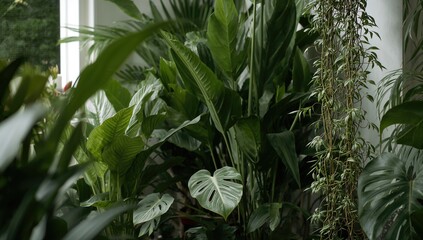 Obraz premium Different types of indoor greenery - sansevieria, chlorophytum displayed in a bright room with light-colored walls, concept of indoor gardening