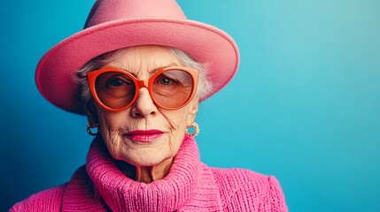 stylish senior woman fashion portrait in bright pink accessories and outfit