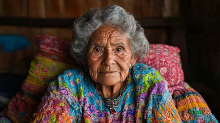 elderly woman in vibrant traditional clothing sitting indoor for cultural heritage and aging wisdom photography