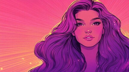 vibrant digital portrait of a woman with flowing hair and cosmic accents in sunset colors