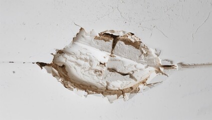 Central ceiling damage caused by a leaking pipe, with white plaster surrounding the affected area
