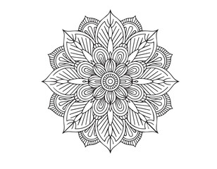 Black line art creates an ornate mandala pattern with symmetrical and geometric elements against white