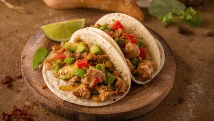 Close-up of chicken breast tacos with avocado and veggies on a rustic wooden platter - classic starter