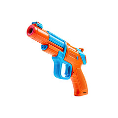 A brightly colored toy pistol with orange and blue accents, isolated on black