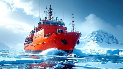 Red Icebreaker Navigating Through Icy Waters A Journey Through the Antarctic Landscape
