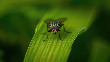 Macro shot of a single green insect perched on a vibrant leaf with blurred background